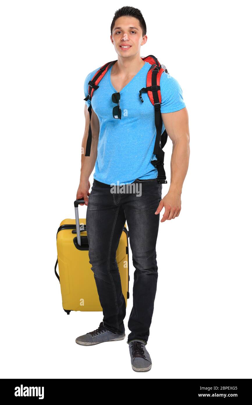 Urlaub junger Mann mit Koffer Reise reisen verreisen jung lachen Freisteller freigestellt auf weissem Hintergrund Stock Photo