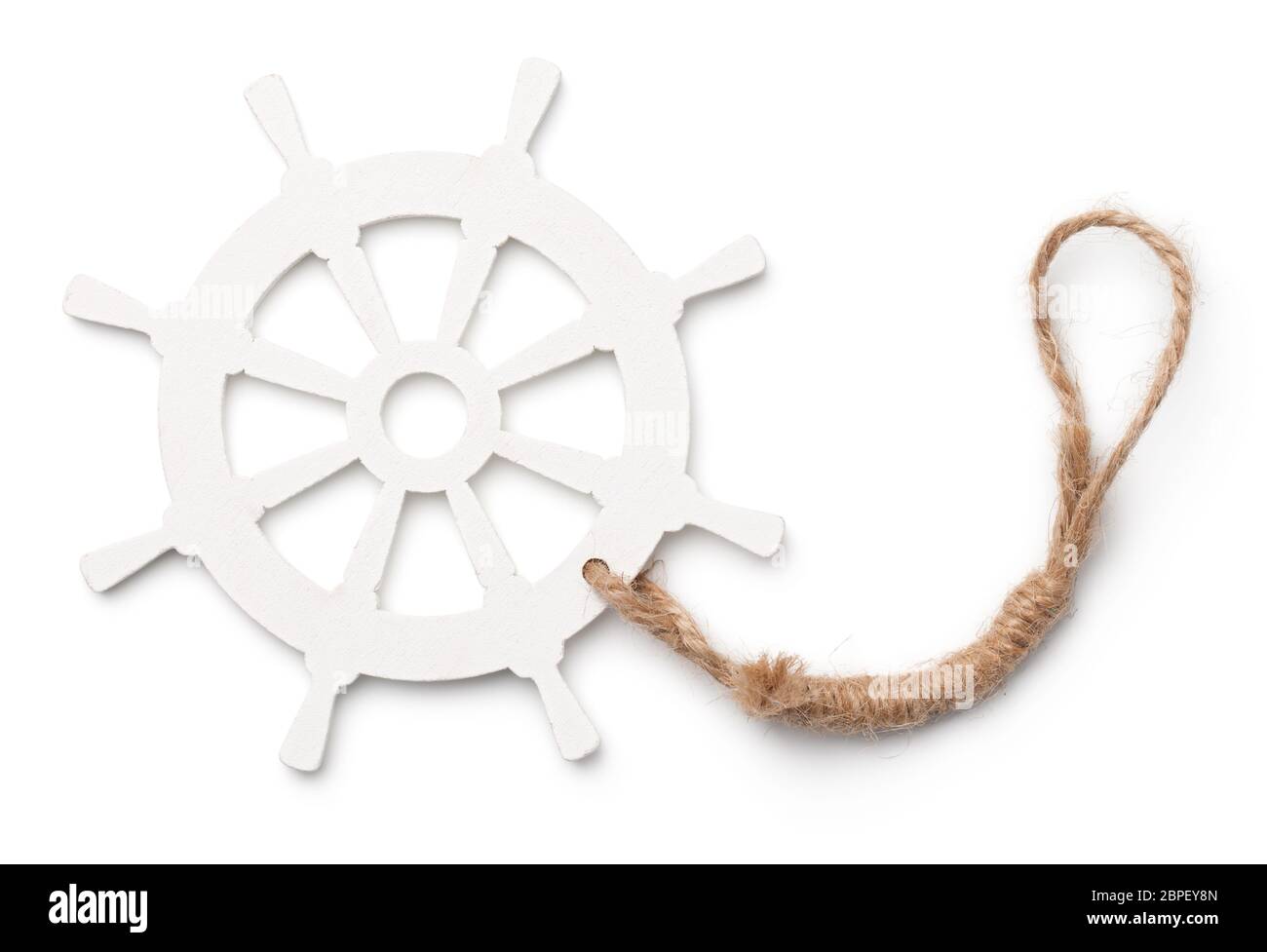 Wooden decorative ship steering wheel isolated on white background. Top