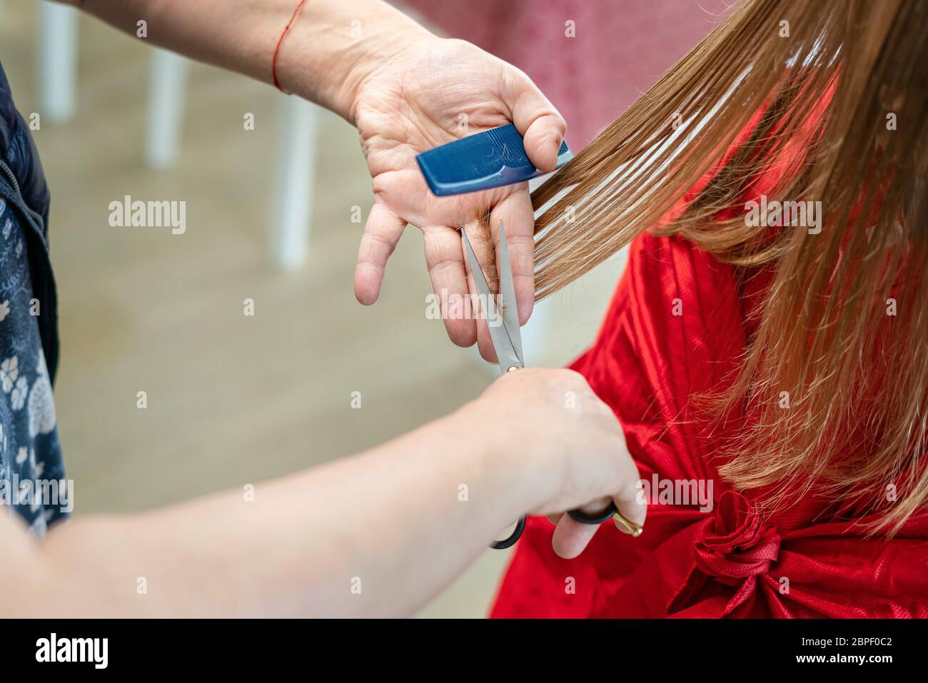 Close up of hairdresser hands cutting brown hair at home. Professional