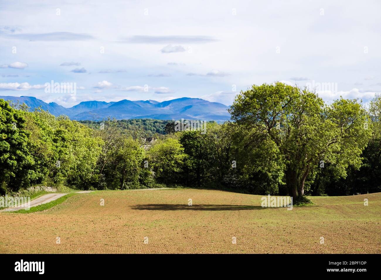 Countryside with a view across a tilled field to distant mountains in Snowdonia from Y Glyn, Benllech, Isle of Anglesey, Wales, UK, Britain Stock Photo