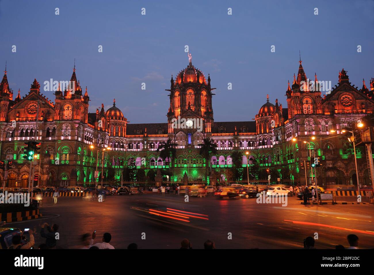 Mumbai, Maharashtra, India, Jan. 26, 2015 - Tricolor Lighting Illuminated  Republic day Chhatrapati Shivaji Terminus (CST) formerly Victoria Terminus Stock Photo