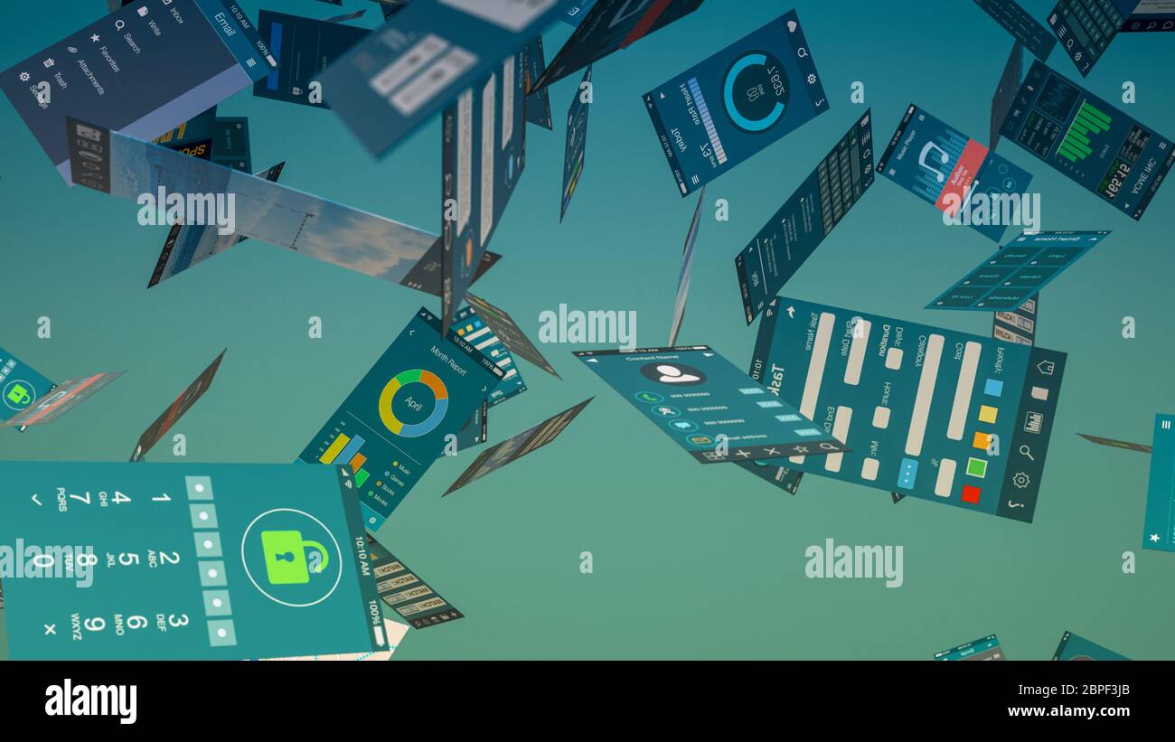 lot of mobile app templates falling (3d render Stock Photo - Alamy