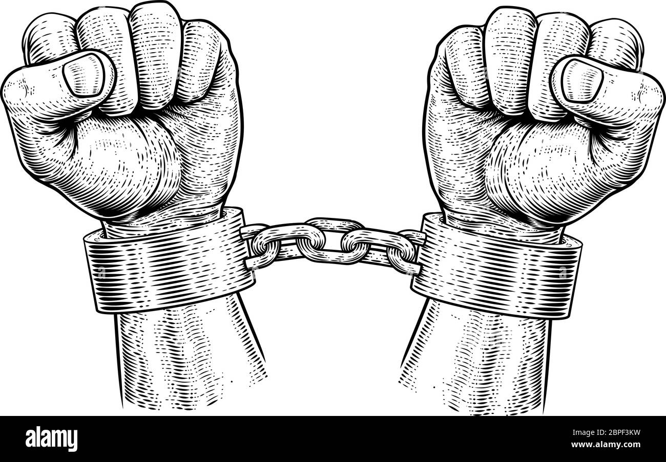Prisoner Shackles Chained Hands Vintage Woodcut Stock Vector