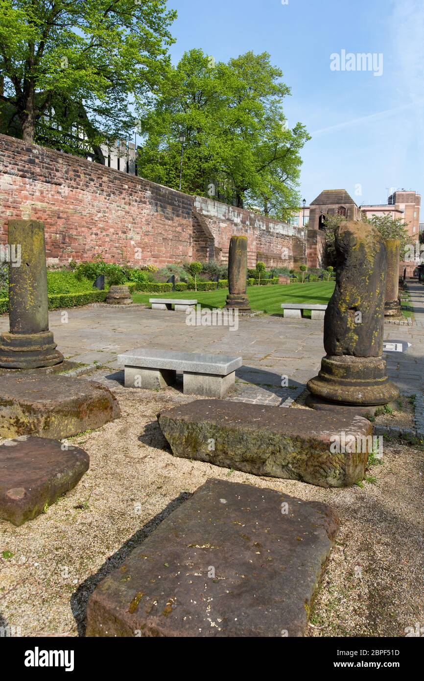 City of Chester, England. A picturesque spring view of Chester’s Roman Garden, with the city walls in the background. Stock Photo