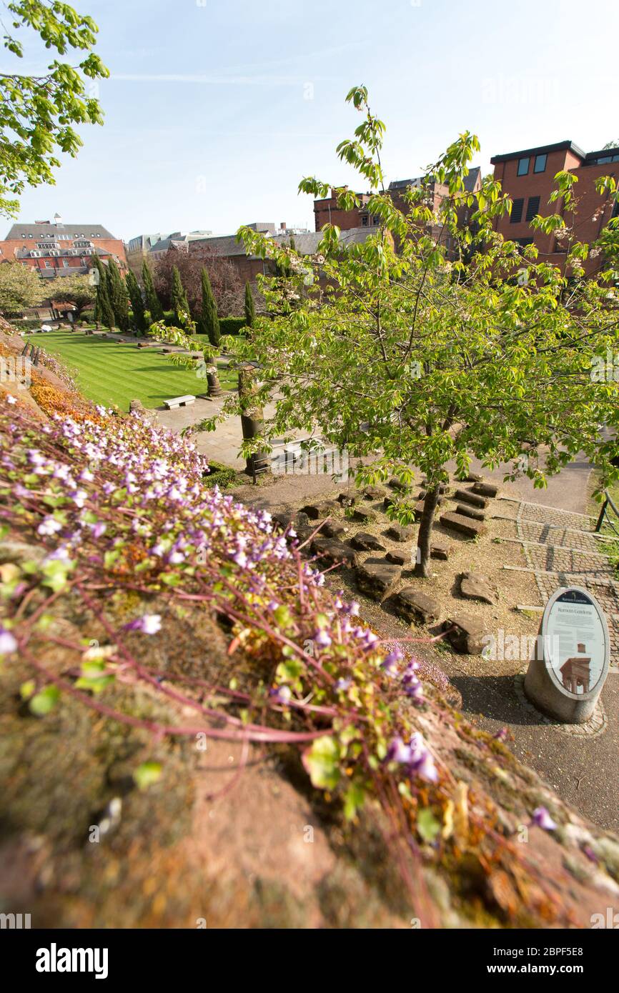 City of Chester, England. A picturesque spring view of Chester’s Roman Garden, viewed from the city walls at Park Street. Stock Photo