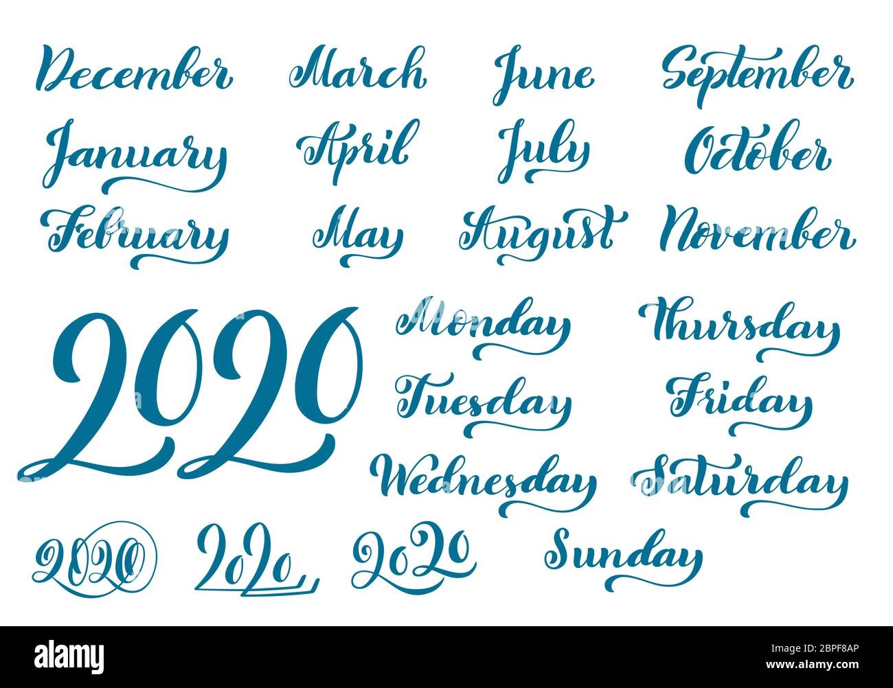 Big vector handdrawn calligraphic monthly set with months and Happy New  Year 2020. Brush calligraphy, hand lettering. For schedule, diary, journal,  postcard. Vector illustration Stock Vector Image & Art - Alamy