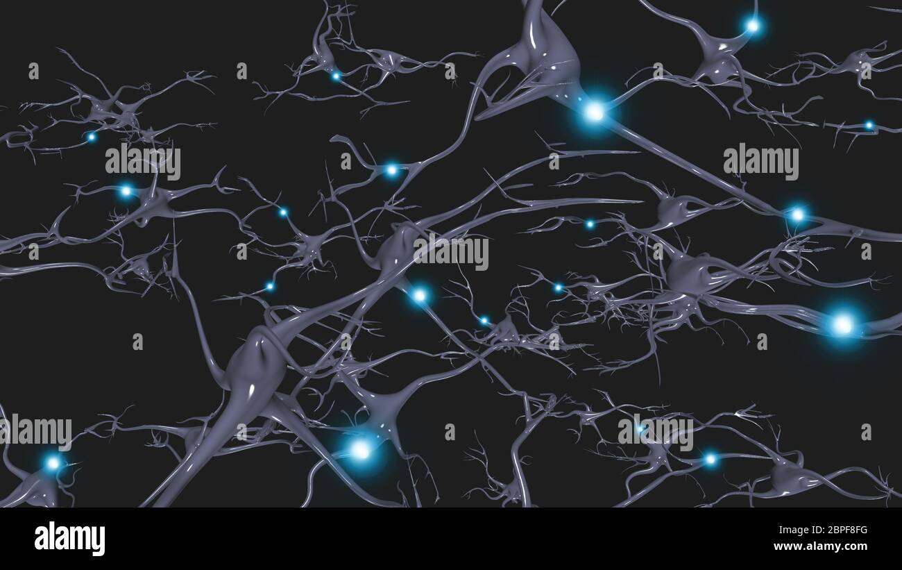 Brain cells neurons with electrical firing Stock Photo