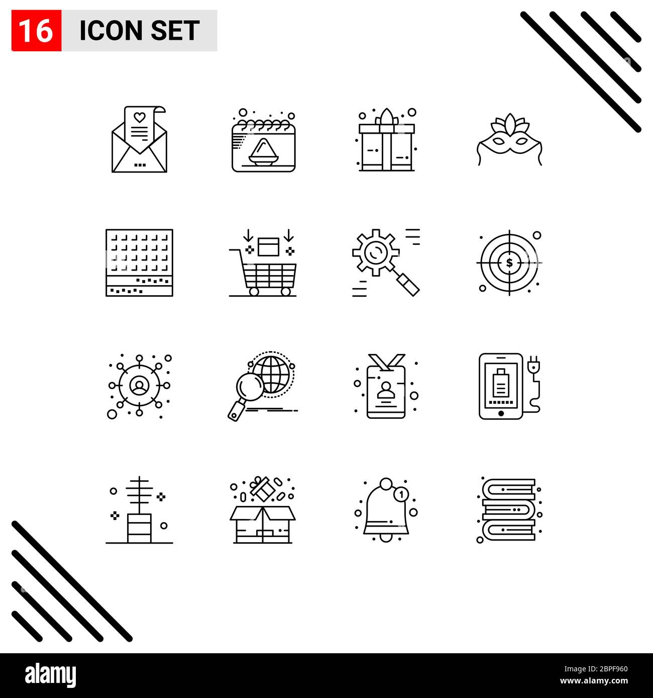 User Interface Pack of 16 Basic Outlines of sweet, biscuit, box, mardigras, costume Editable Vector Design Elements Stock Vector