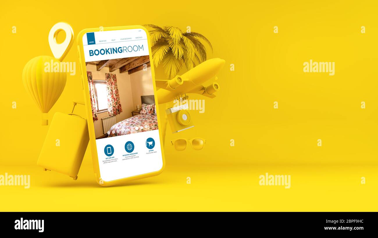 Yellow smartphone with booking room app 3d rendering Stock Photo