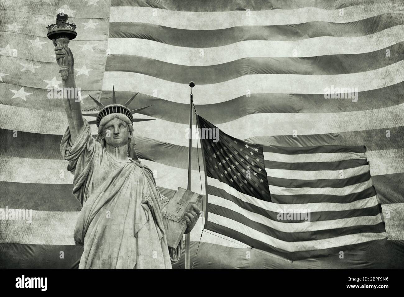 Collage of Lady Liberty and waving American flag in the  background. Edited as a vintage photo in tension green hue color. Stock Photo
