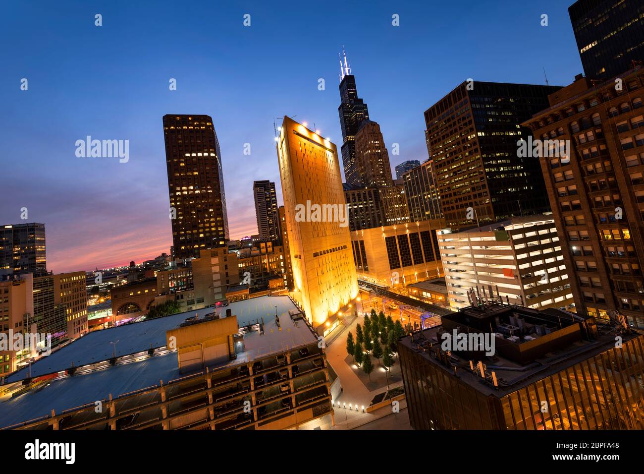 Chicago downtown. Cityscape image of Chicago downtown at sunset. - Image Stock Photo