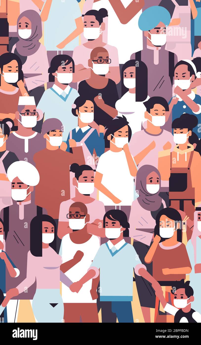 crowd of people wearing medical masks novel coronavirus 2019-nCoV epidemic disease pandemic quarantine concept men women standing together portrait vertical vector illustration Stock Vector