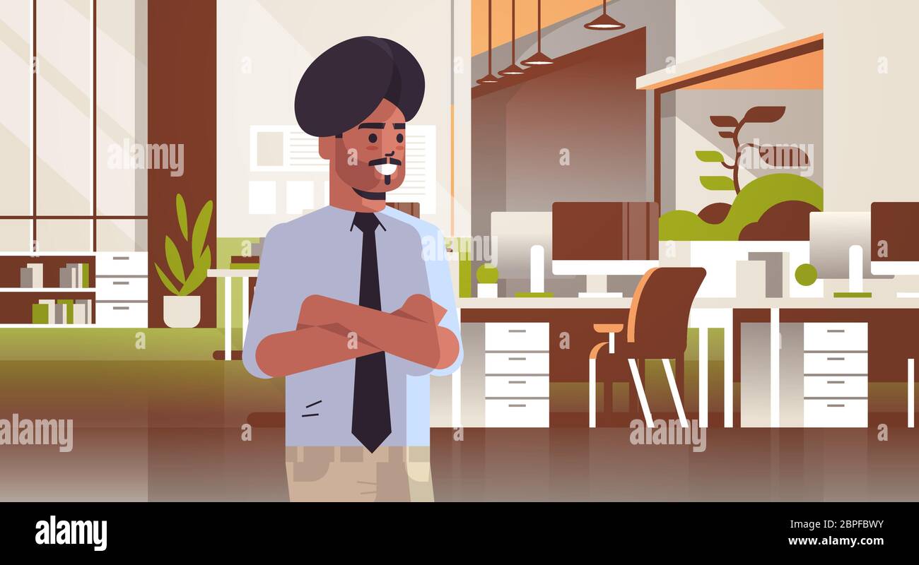 indian businessman in turban folded hands business man in coworking space modern office room interior creative workspace horizontal flat portrait vector illustration Stock Vector