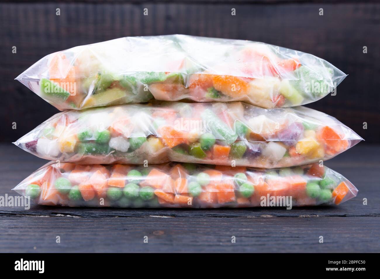 Frozen vegetables in a plastic bag. Healthy food storage concept Stock
