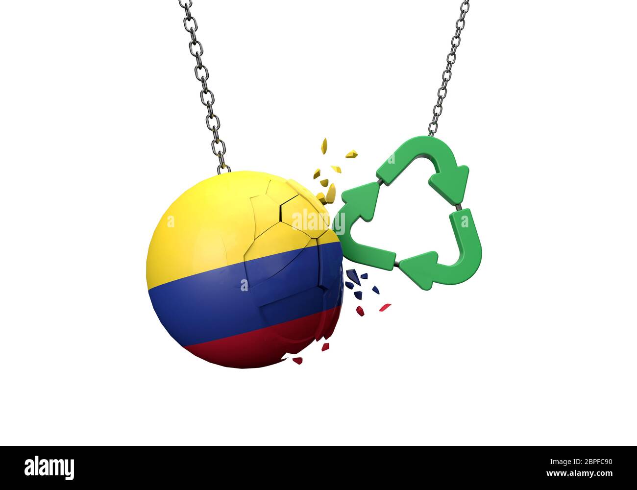 Green recycle symbol crashing into a Colombia flag ball. 3D Rendering Stock Photo