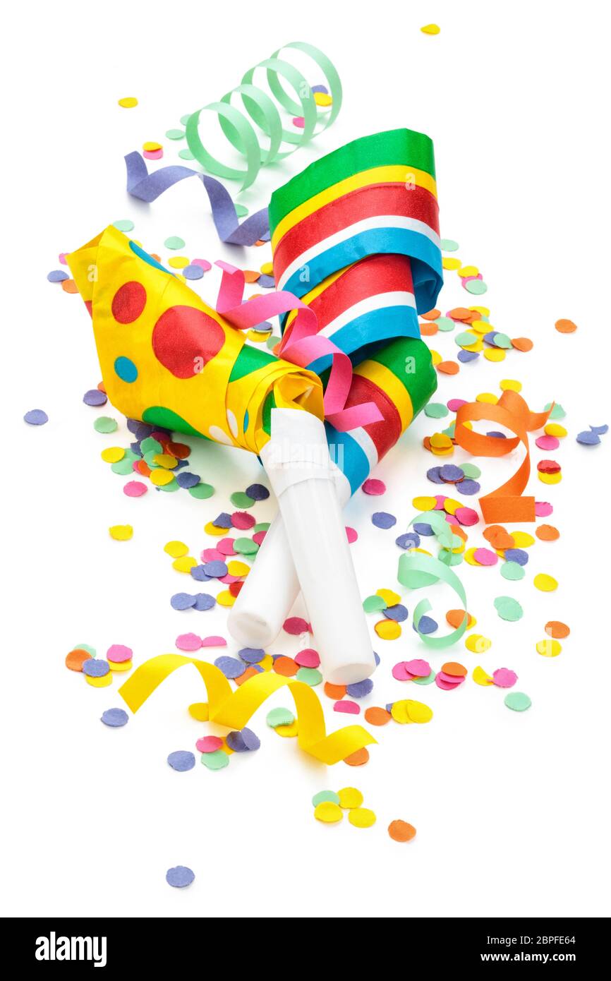 Noisemakers, streamers and confetti. Isolated on white background Stock