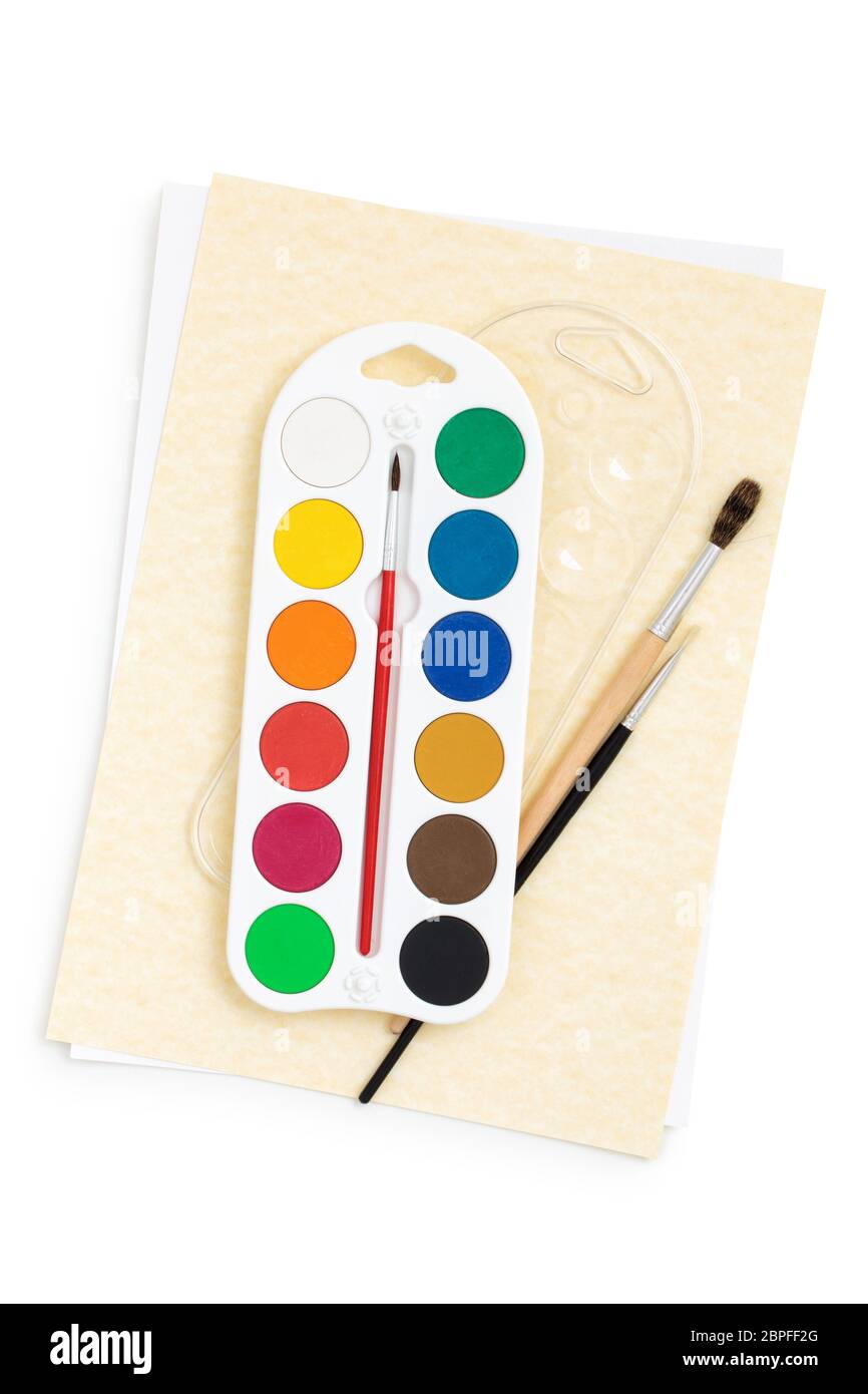 Watercolor palate and paintbrushes isolated on white background Stock ...