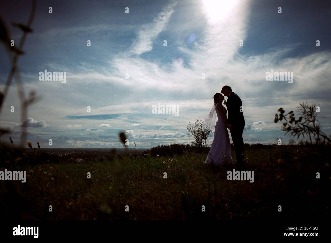 silhouettes of bride and groom on the background field and sky Stock ...
