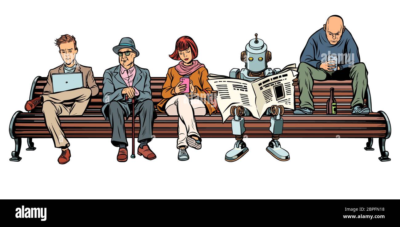 People and a robot sitting on a Park bench. Pop art retro vector illustration kitsch vintage Stock Photo