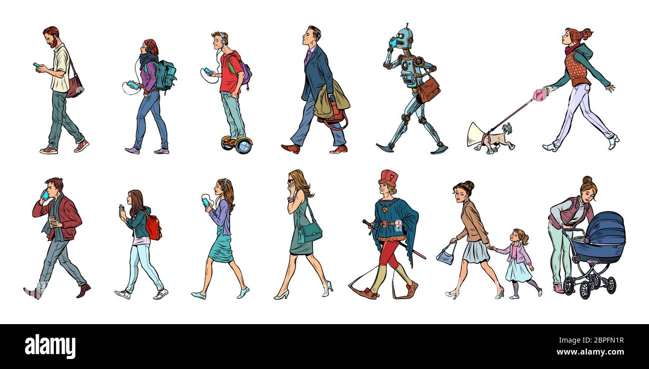 Set collection of pedestrians people walk. Women men robot dog. Modern and retro. Pop art vector illustration kitsch vintage Stock Photo