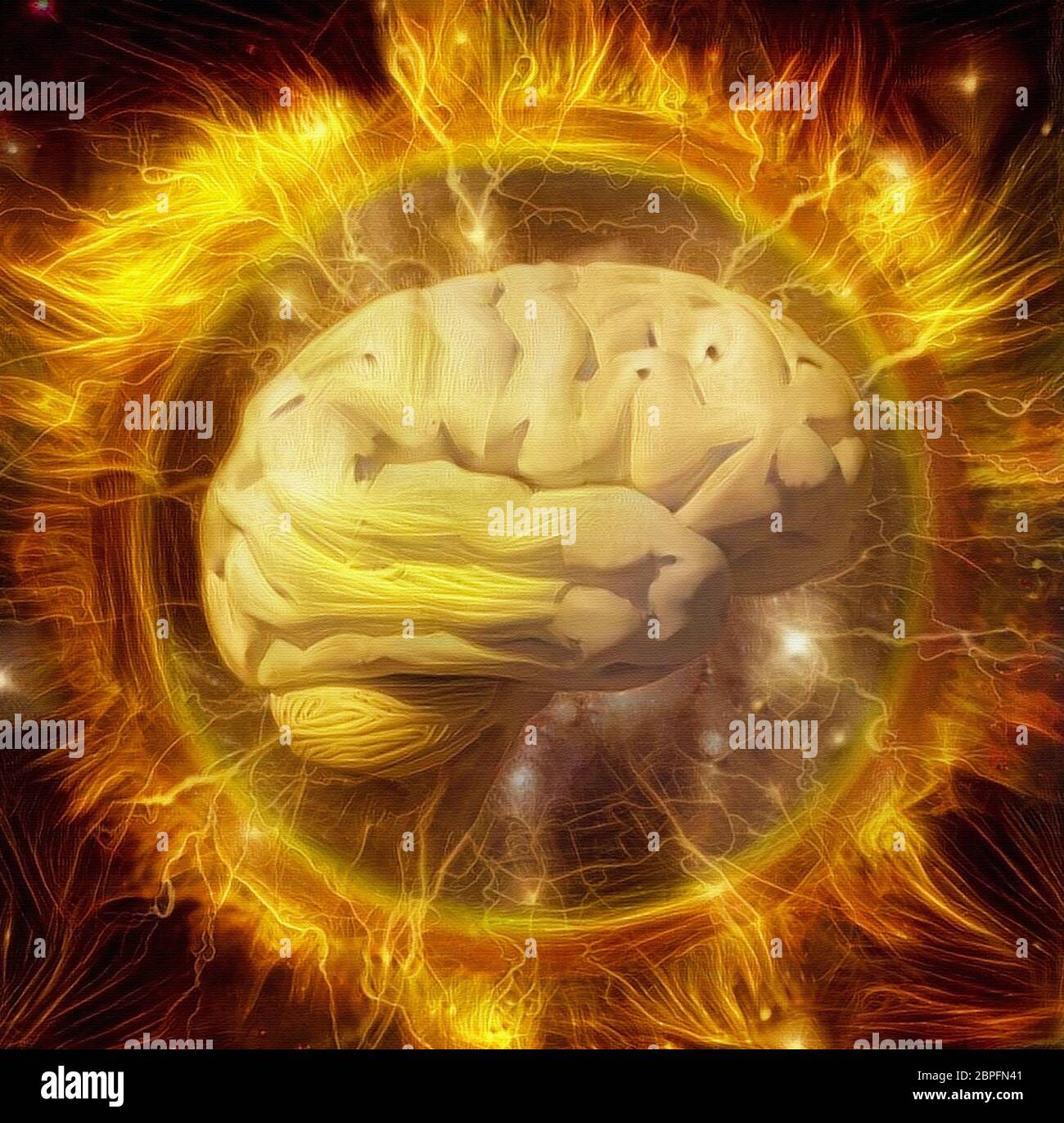 Vivid composition. Power of mind. Human brain radiates electric charges in circle of fire Stock Photo
