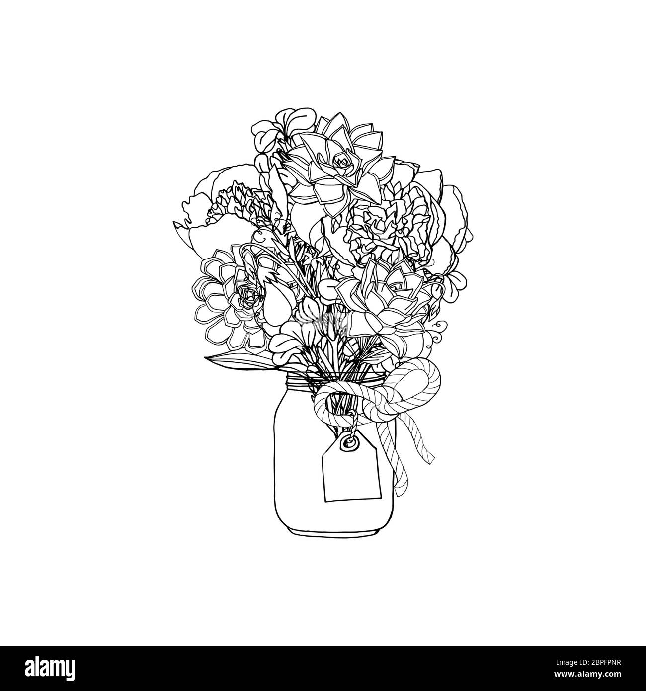 Hand drawn doodle style bouquet of different flowers, succulent, peony, stock flower, sweet pea Stock Vector