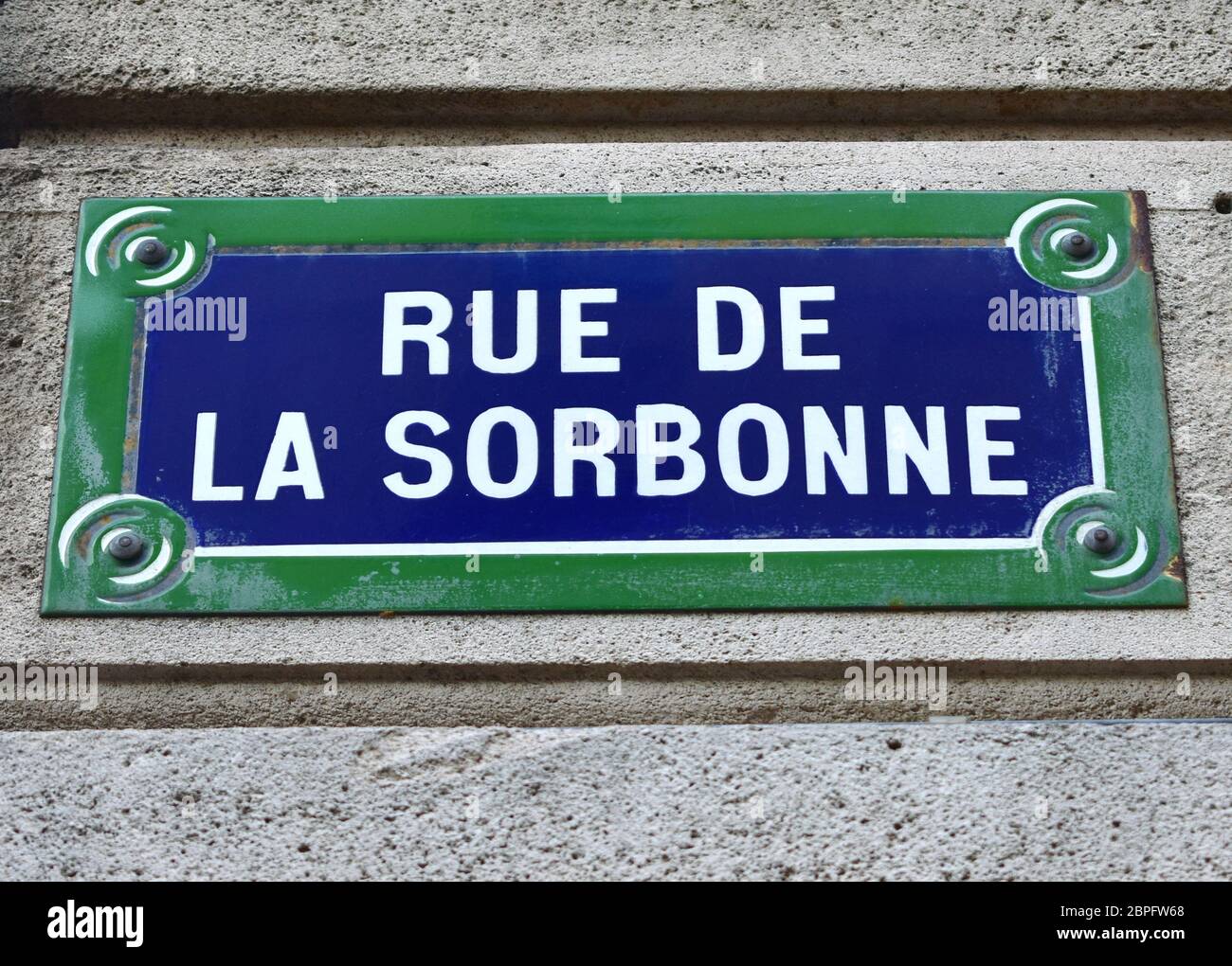 Rue de la Sorbonne street sign close-up. Paris, France. Stock Photo
