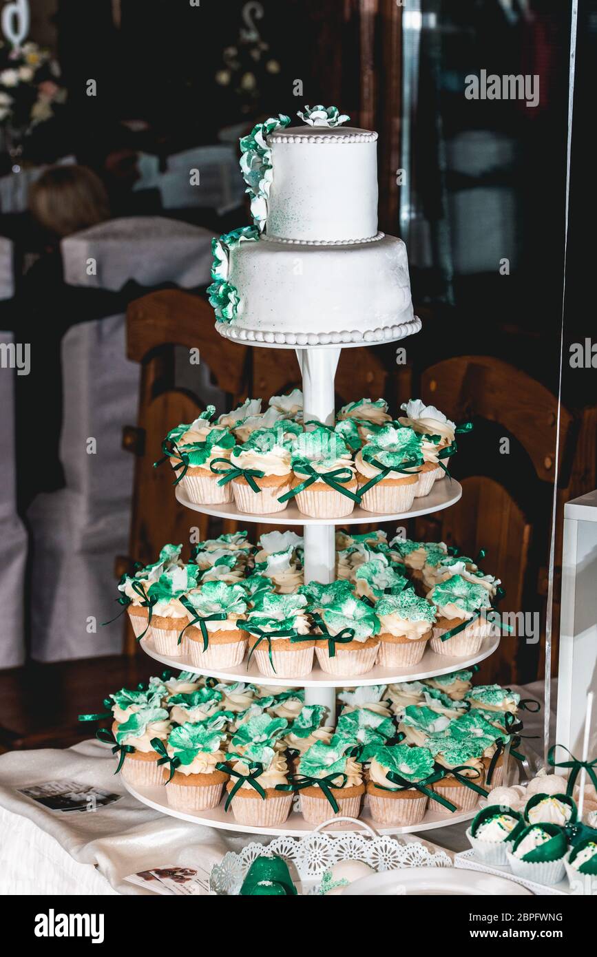 green style wedding candy bar on a white table. cupcakes decorated with a  green ribbon bow Stock Photo - Alamy, image size:867x1390