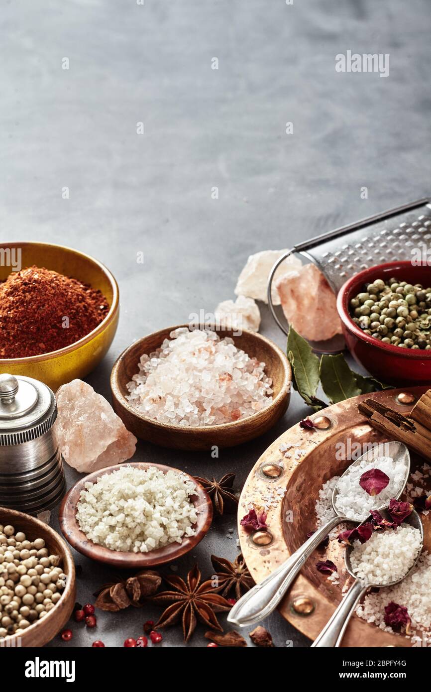 Spices with assorted natural cooking salts including black Hawaiian lava salt, Indus salt, Fleur