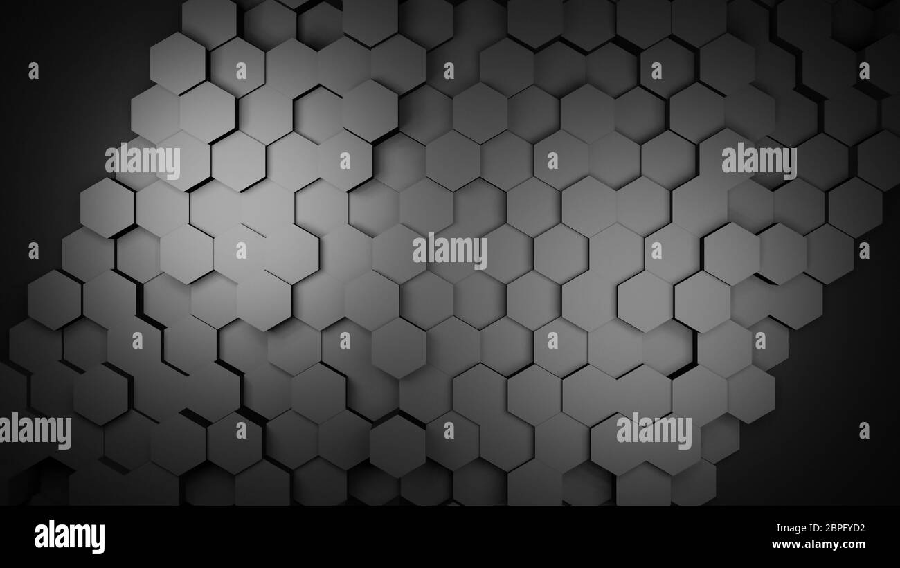 Abstract grey metallic background, hexagons or honeycombs, 3D rendering, hexagonal wallpaper, geometry illustration, flat lay, in 4K high resolution Stock Photo