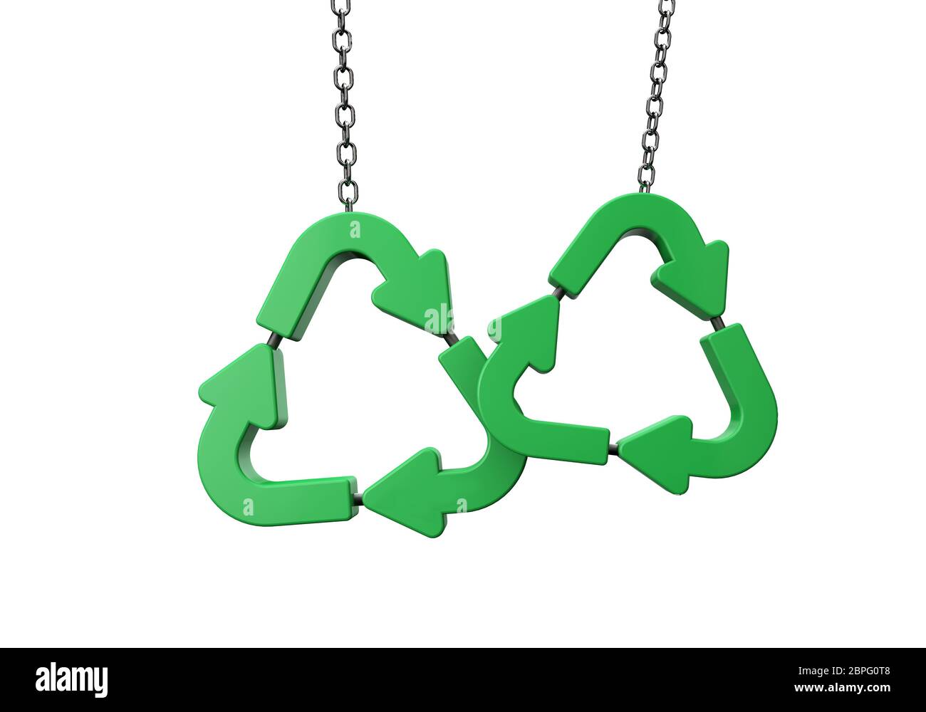 Green recycling symbol hanging from a chain. 3D Rendering Stock Photo