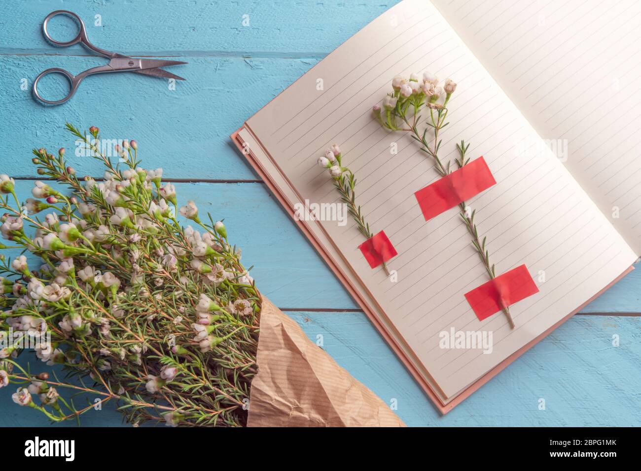 White flowers attached on agenda pages and a flowers bouquet on a blue wooden table, flat lay image Stock Photo