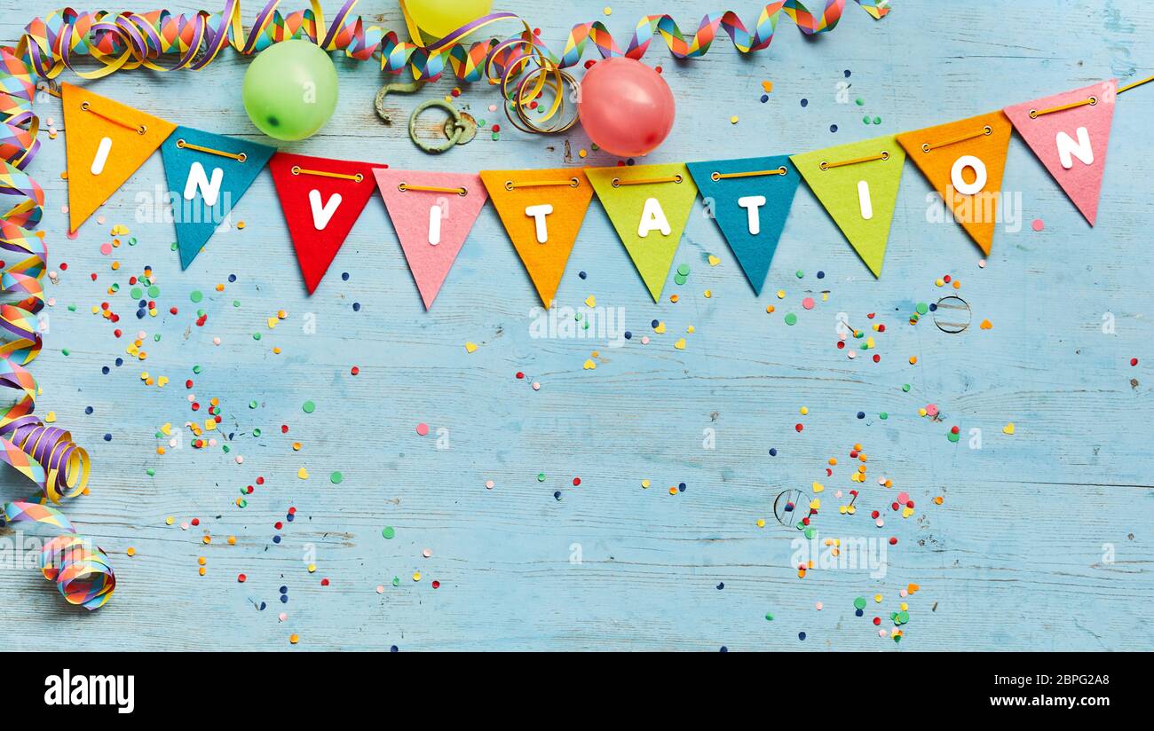 Colorful bunting with text Invitation with a border of party