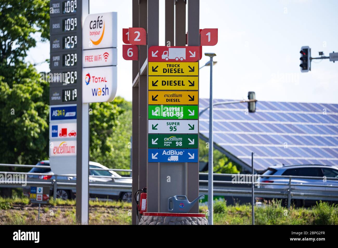 Osnabrueck, Germany May 17th, 2020: Symbolic images - 2020 petrol pump of a total petrol station, Diesel, Super E10, Super, Super +, Excellium, AdBlue, hydrogen, Ruck Diesel, logo, lettering, feature / symbol / symbolic photo / characteristic / detail / | usage worldwide Stock Photo