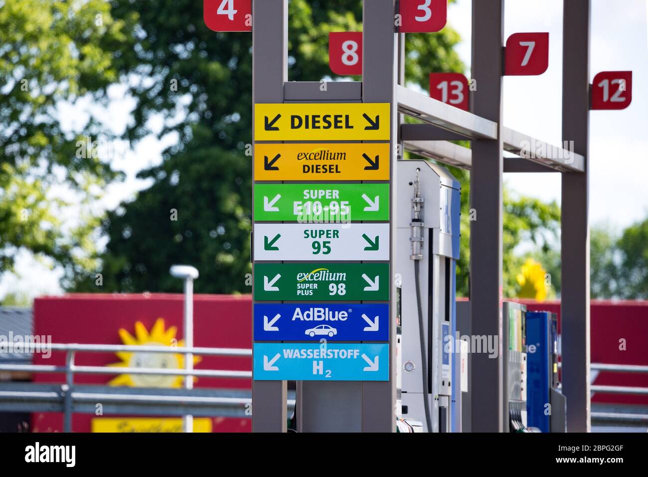 Osnabrueck, Germany May 17th, 2020: Symbolic images - 2020 petrol pump of a total petrol station, Diesel, Super E10, Super, Super +, Excellium, AdBlue, hydrogen, H2, logo, lettering, feature / symbol / symbolic photo / characteristic / detail / | usage worldwide Stock Photo
