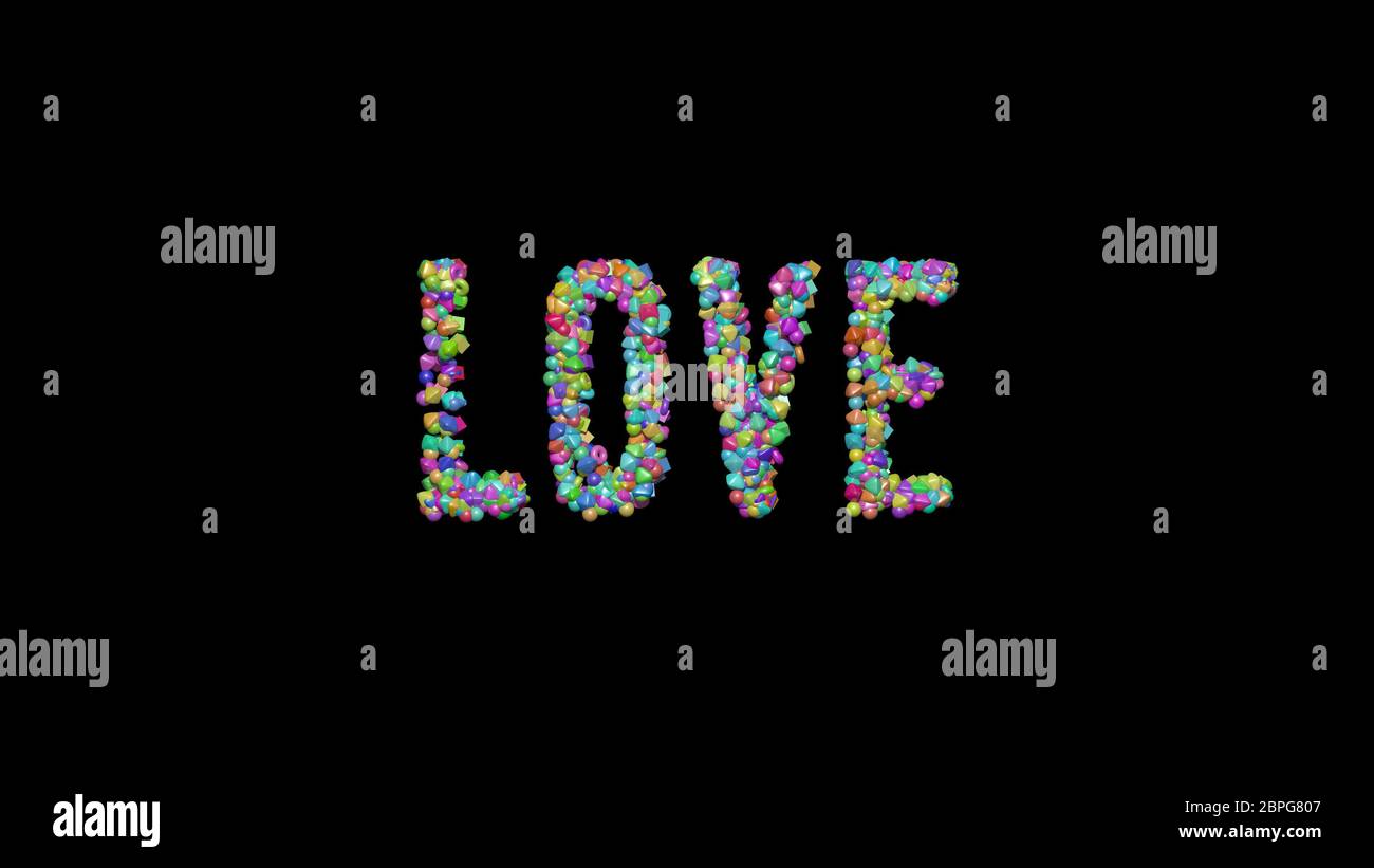 Colorful 3D writting of LOVE text with small objects over a dark ...