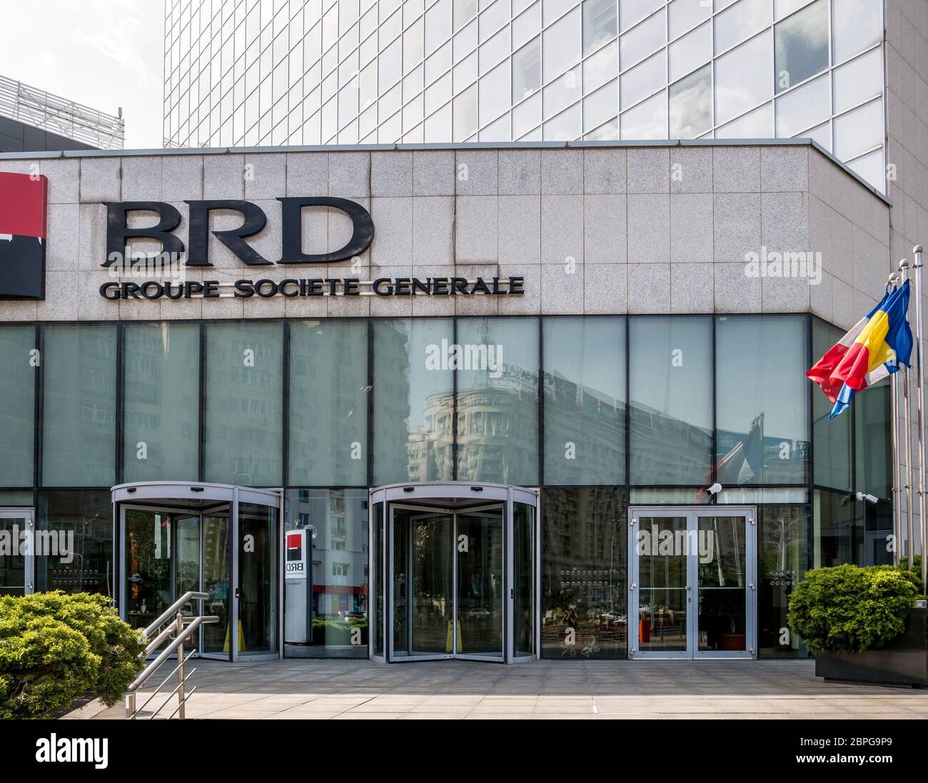 Bucharest/Romania - 05.16.2020: BRD Groupe Societe Generale (GSG) logo at the entrance of the company's headquarters in Bucharest. Stock Photo