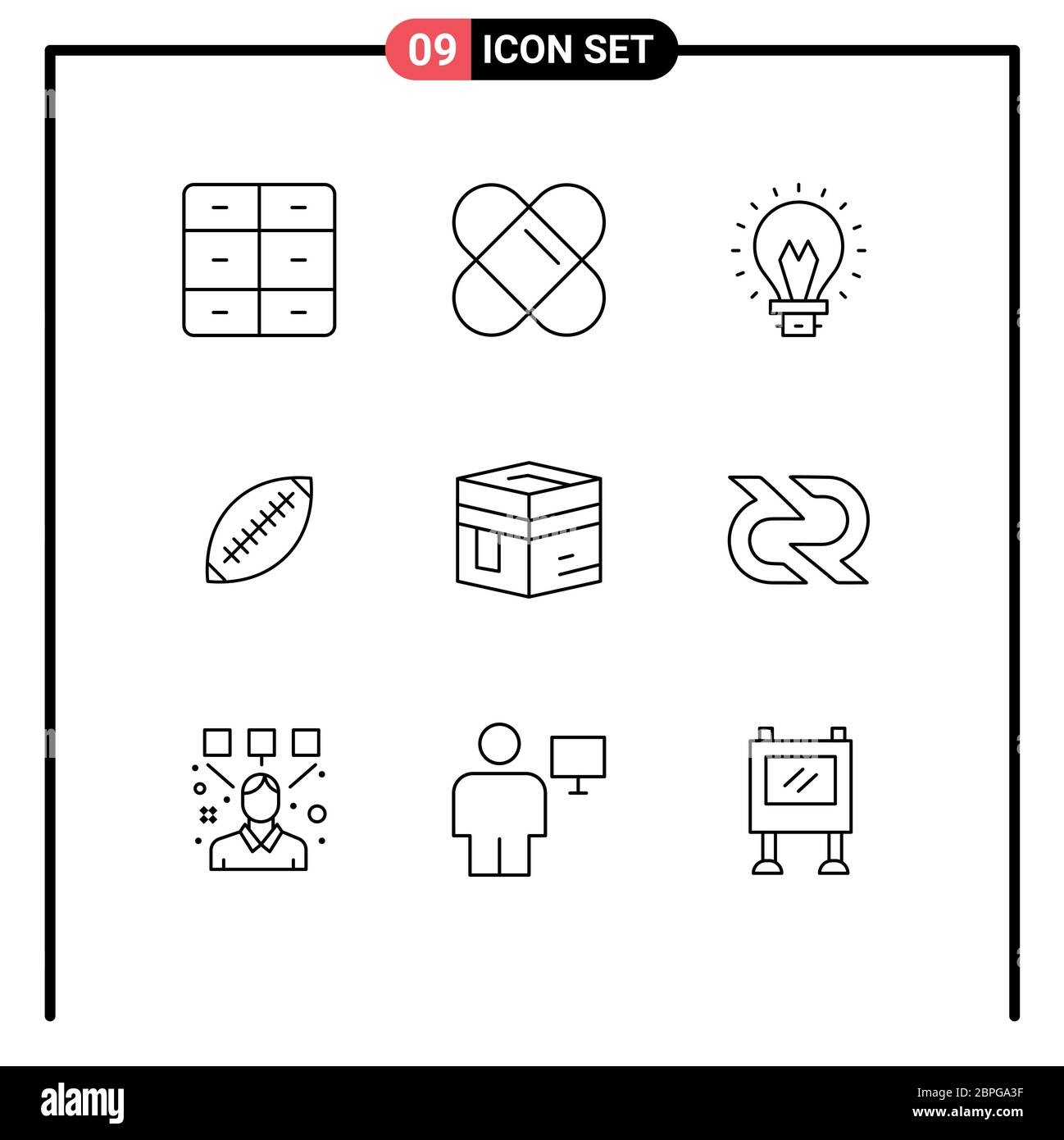 Group of 9 Outlines Signs and Symbols for hajj, sport, innovation, rugby ball, football Editable Vector Design Elements Stock Vector