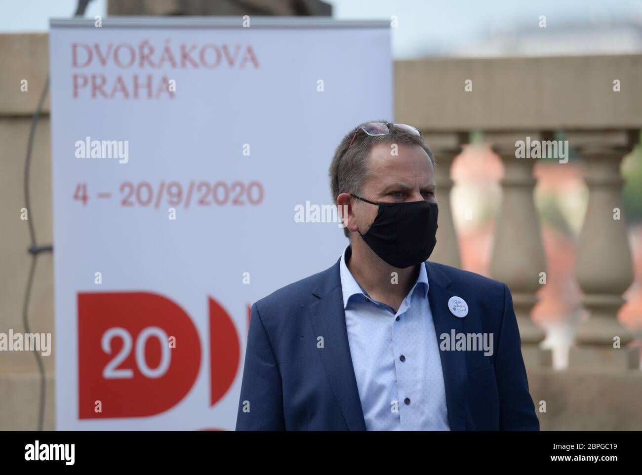 Prague, Czech Republic. 19th May, 2020. Festival Programme Director Jan Simon attends a news conference on 13th international music festival Dvorak's Prague, at Rudolfinum Hall roof in Prague, Czech Republic, on May 19, 2020. Credit: Katerina Sulova/CTK Photo/Alamy Live News Stock Photo