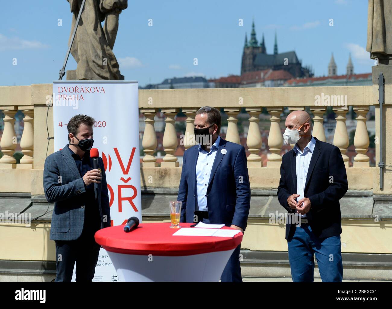 Prague, Czech Republic. 19th May, 2020. Conductor Jakub Hrusa, from left, Festival Programme Director Jan Simon and director of the Academy of Classical Music Robert Kolar attends a news conference on 13th international music festival Dvorak's Prague, at Rudolfinum Hall roof in Prague, Czech Republic, on May 19, 2020. Credit: Katerina Sulova/CTK Photo/Alamy Live News Stock Photo