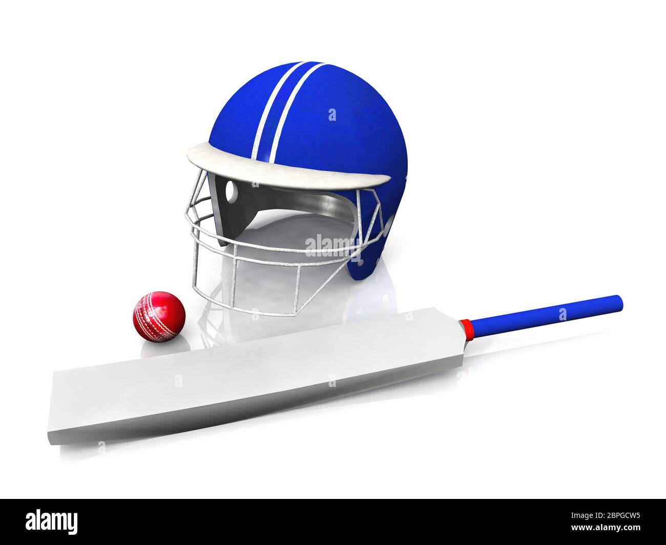 3D rendering of a cricket helmet, bat and ball on white background