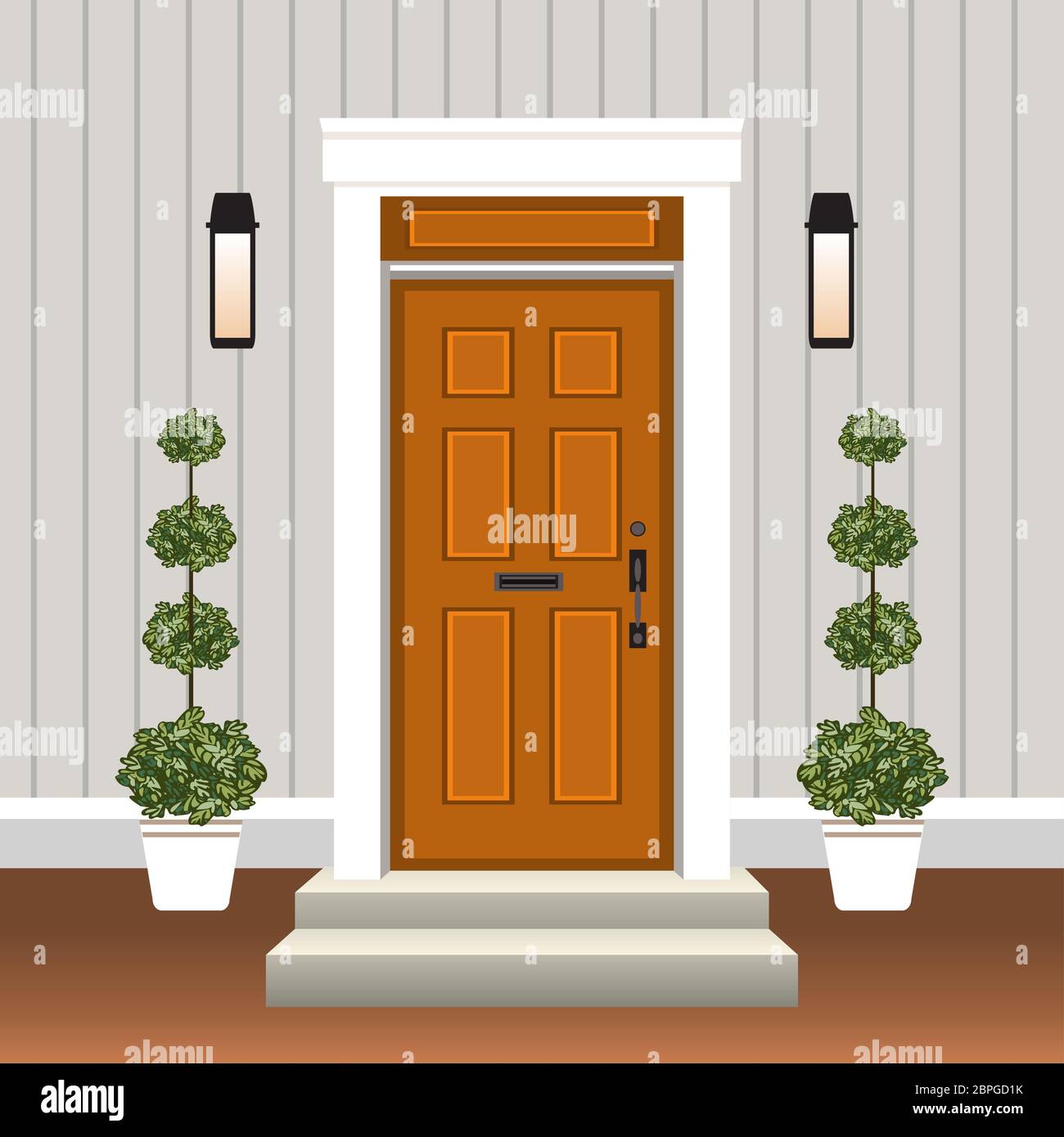 House door front with doorstep and steps porch, window, lamp, flowers in  pot, building entry facade, exterior entrance design illustration vector  flat style Stock Vector