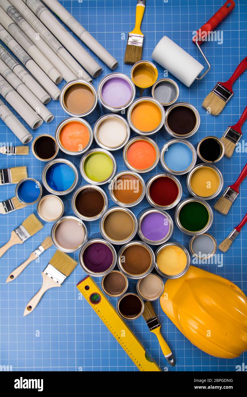 Background from multi color cans of paint Stock Photo