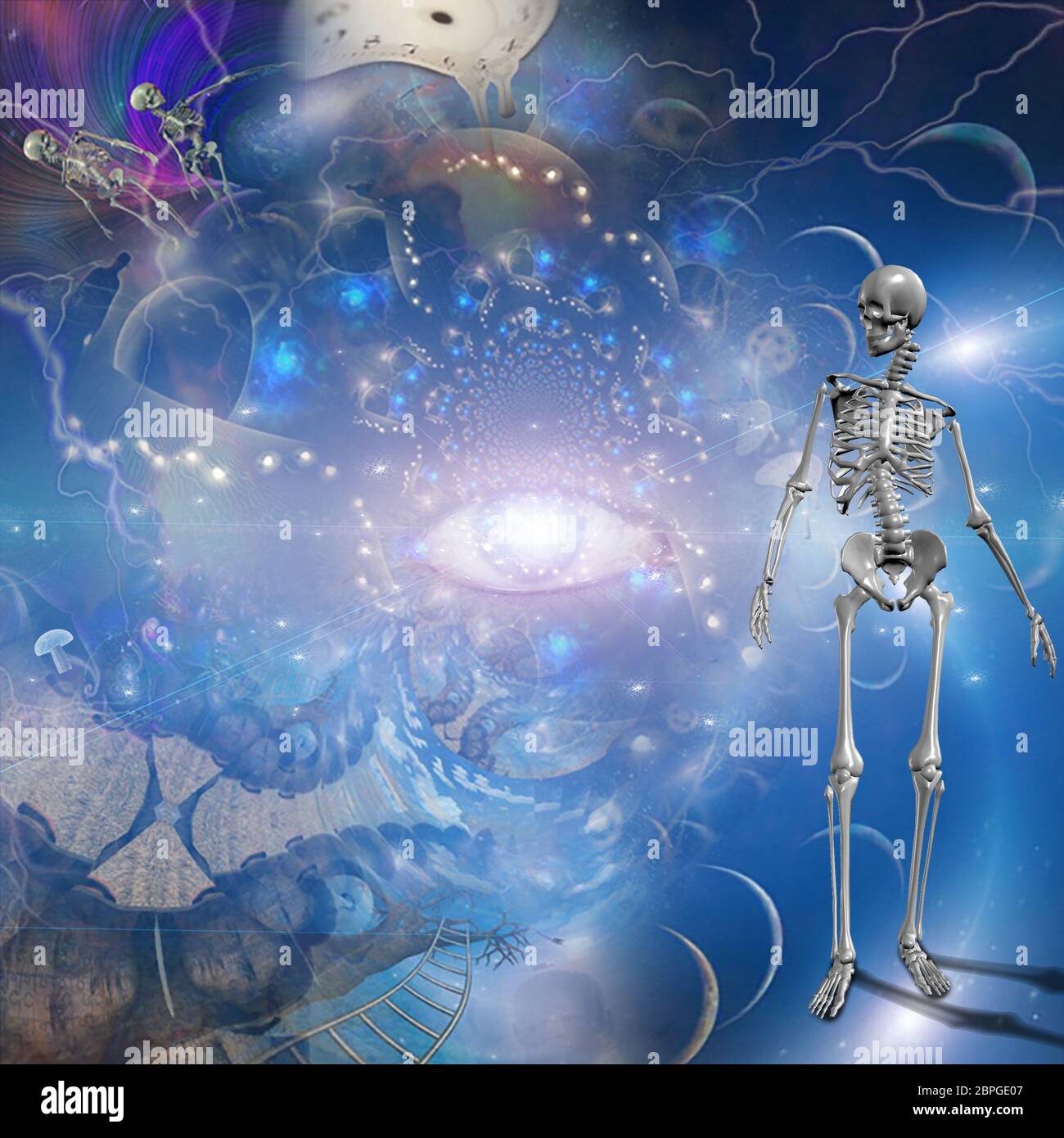 Surreal composition. Melting clocks and eye of God. Skeletons in endless dimensions Stock Photo