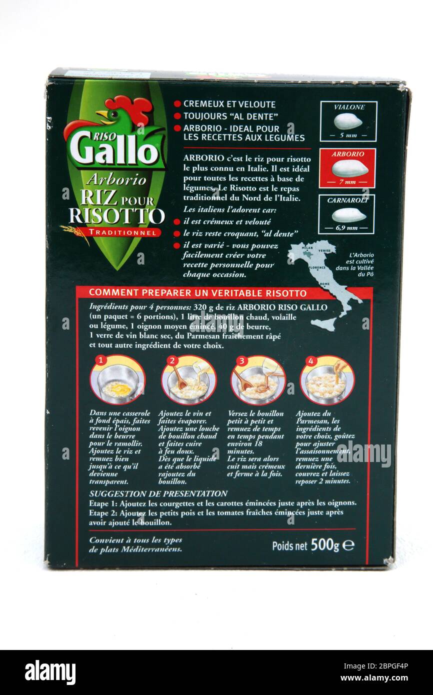 Pack of Riso Gallo Italian Vegetable Risotto showing the Cooking Directions in Italian Stock Photo