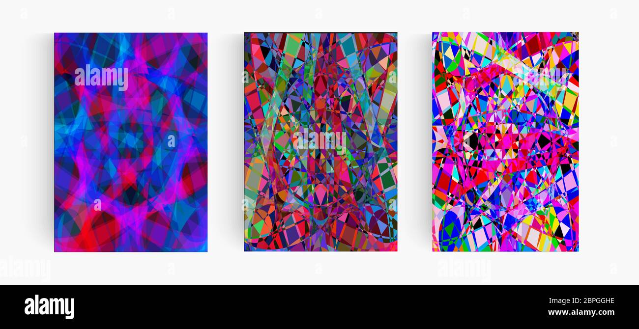 Colorful stained window glass, mosaics pattern set. Polygonal background, motley splinters texture collection. Decorative debris art, modern wallpaper Stock Vector