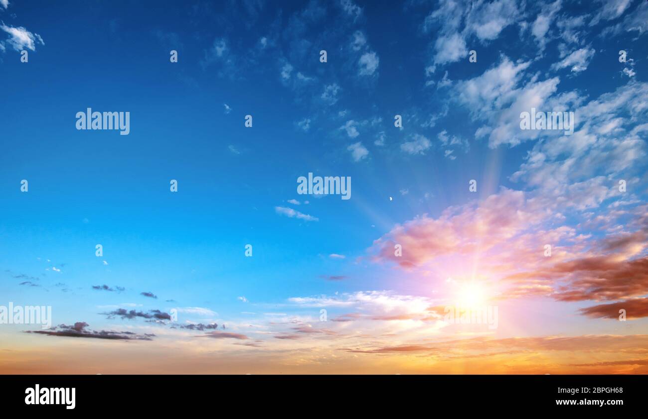 Sunrise summer sky panorama. Art air clouds background Stock Photo - Alamy