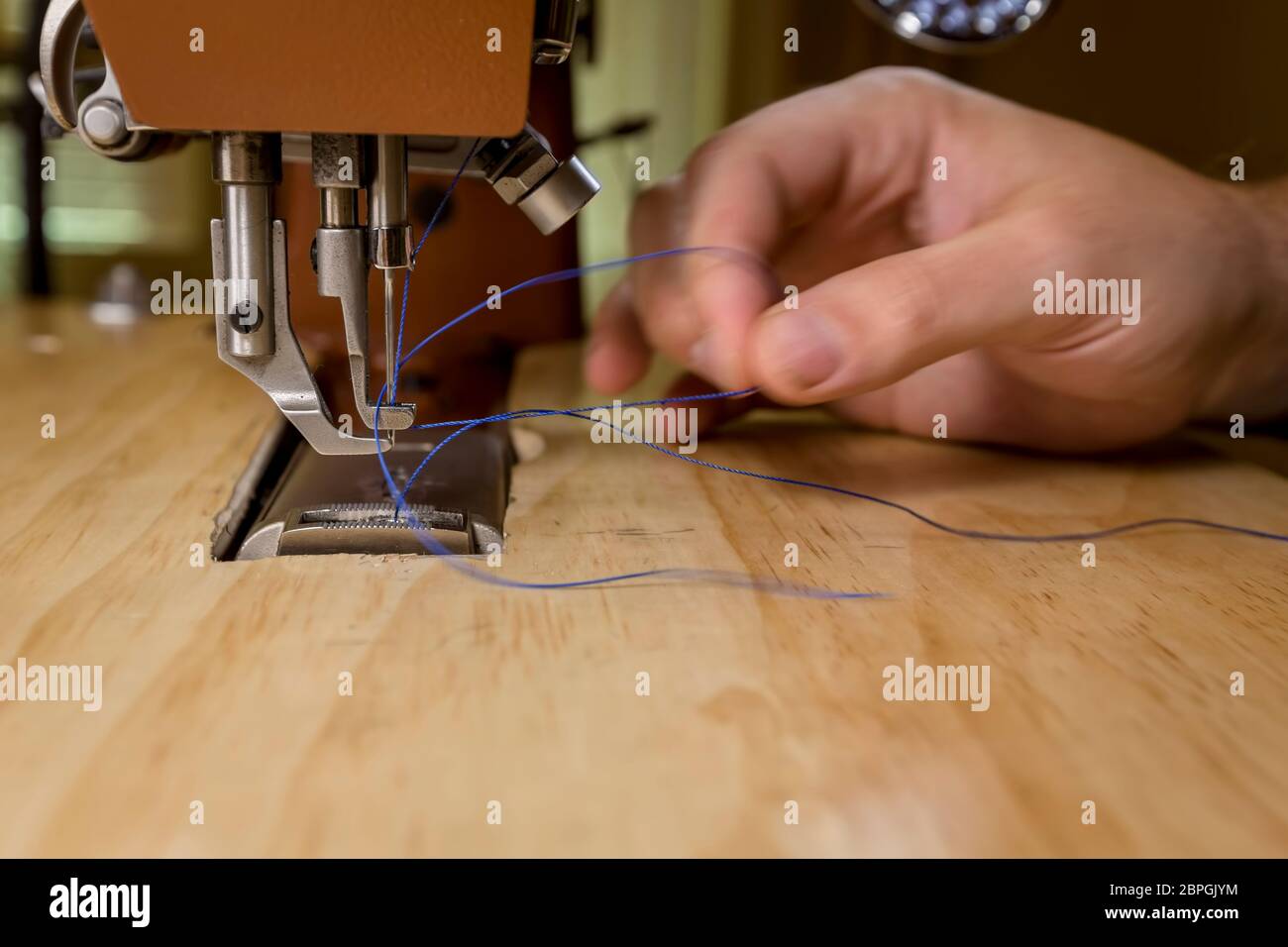 Blue thread on a commercial sewing machine Stock Photo - Alamy