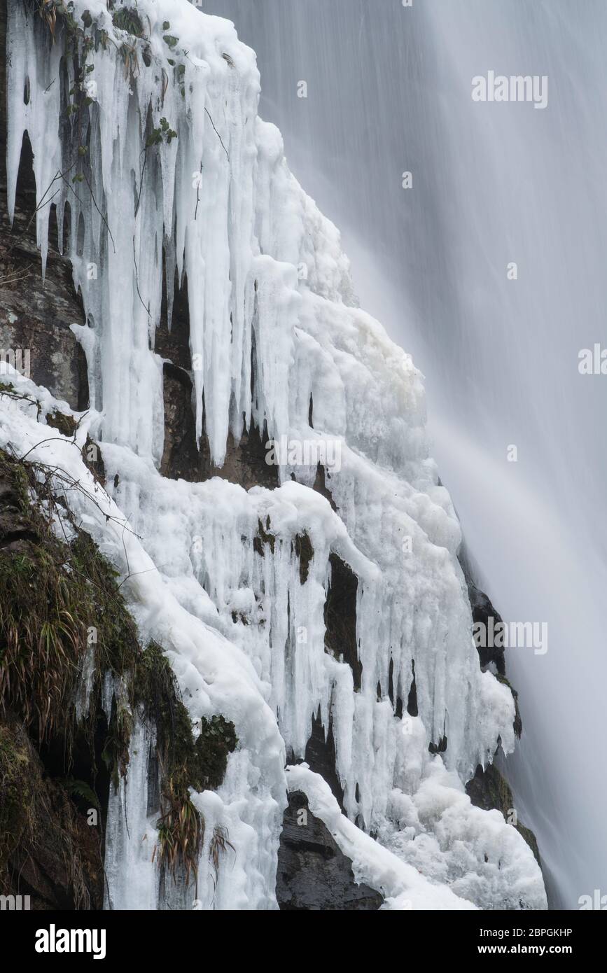 Winter waterfall details, Pistyll Rhaeadr, Powys, Wales. Stock Photo