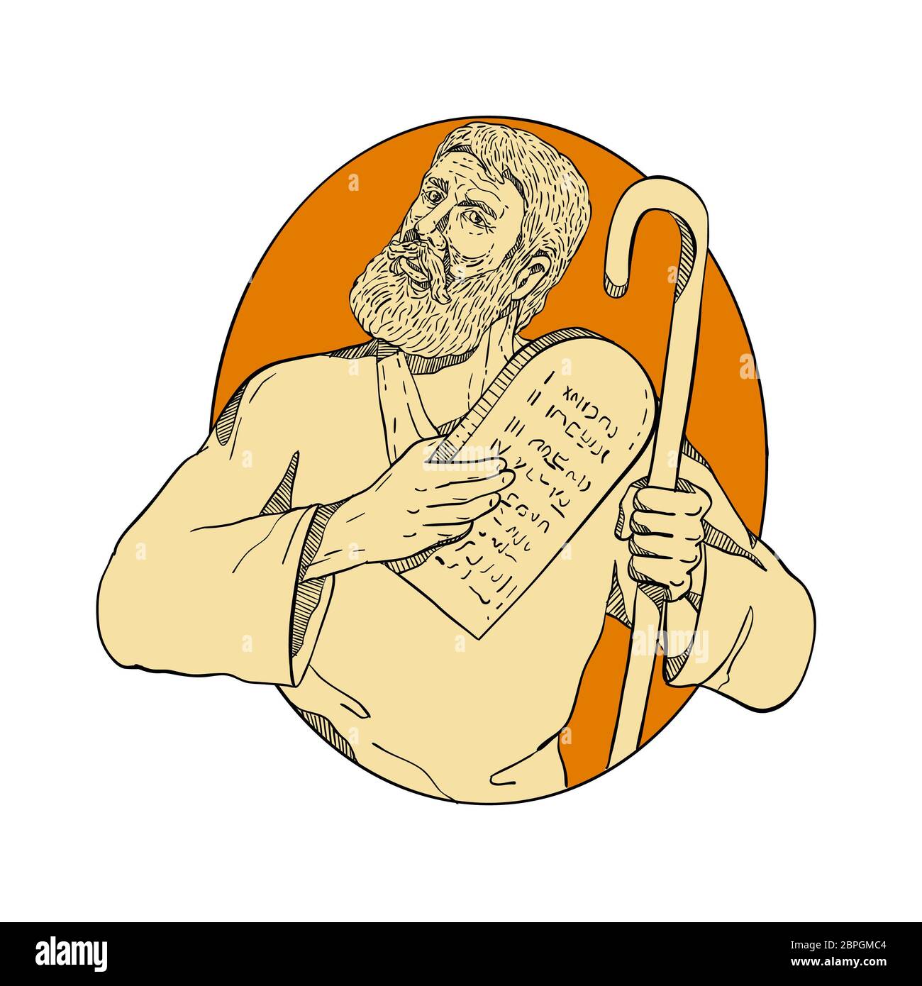 Drawing sketch style illustration of Moses, a prophet in the Abrahamic religions. leader of Israelites and lawgiver, with Ten Commandments set inside Stock Photo